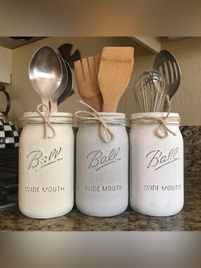 Hand Crafted Farmhouse Mason Jar Utensil Holders - White & Light Gray